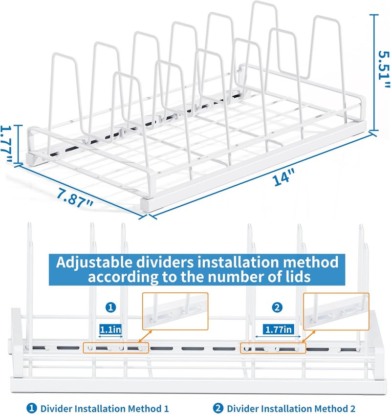 GAGUIUP Food Container Lid Organizer, Adjustable 6 Dividers Full-Metal Pot and Pan Organizer Rack for Kitchen Cabinets, Drawers, Cupboards, Pantry Shelves Storage, White - Image 3